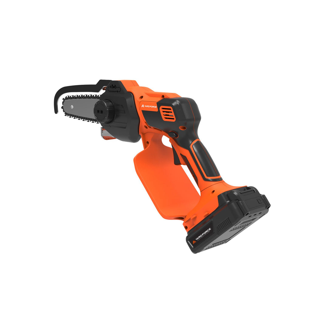 Mini-tronçonneuse Yard Force LS C13 : vue arrière et batterie.