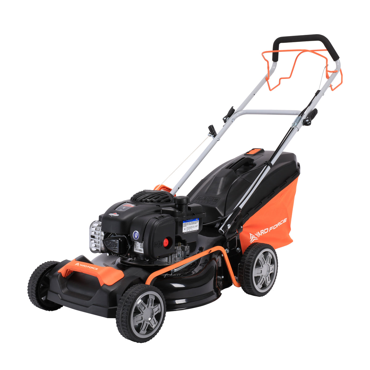 Tondeuse thermique autotractée Yard Force GM B46CK : vue avant et moteur.