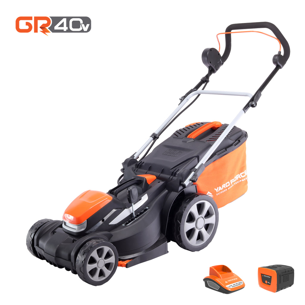 Tondeuse sans fil Yard Force LM G37A : tondeuse, batterie et chargeur présentés.