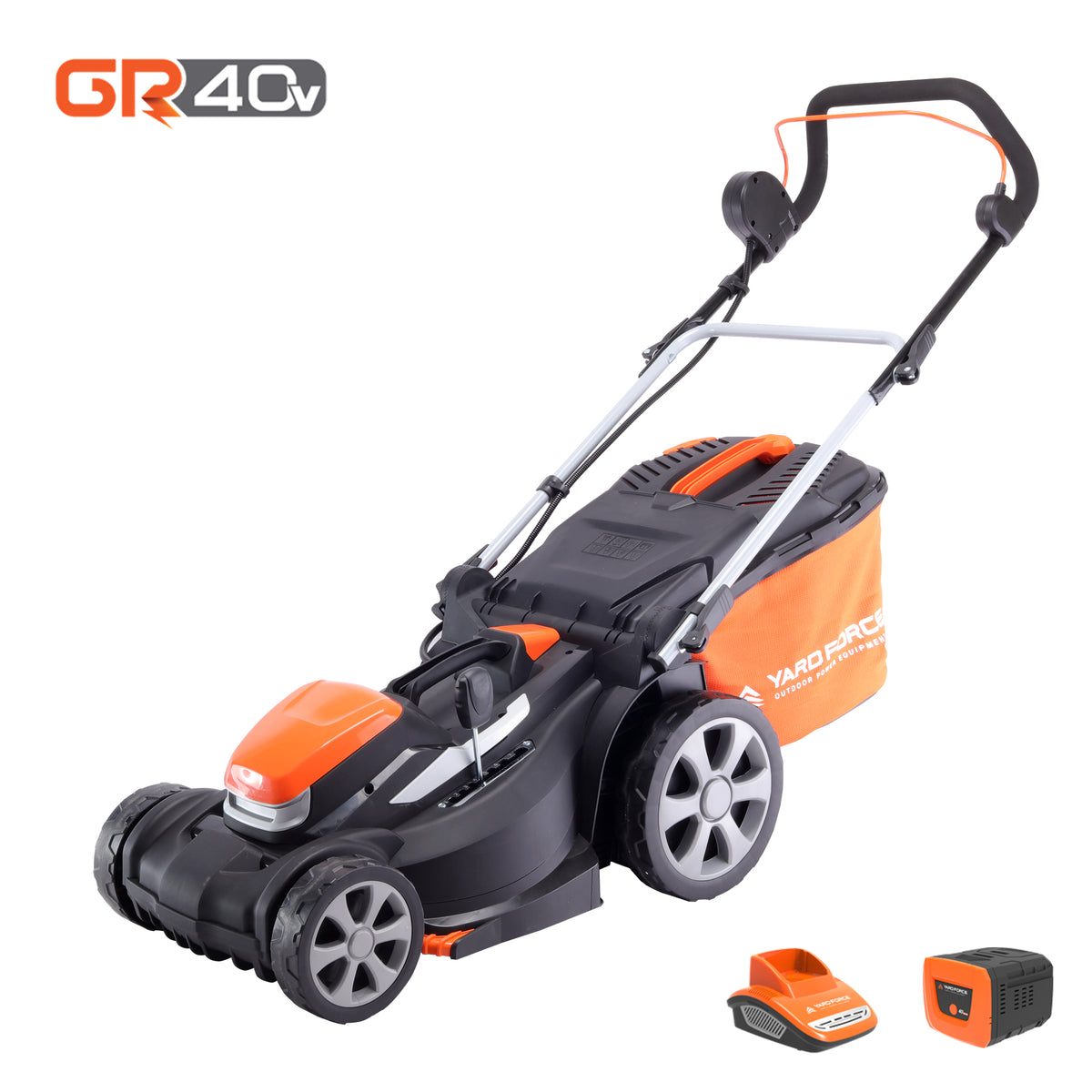 Tondeuse sans fil Yard Force LM G37A : tondeuse, batterie et chargeur présentés.