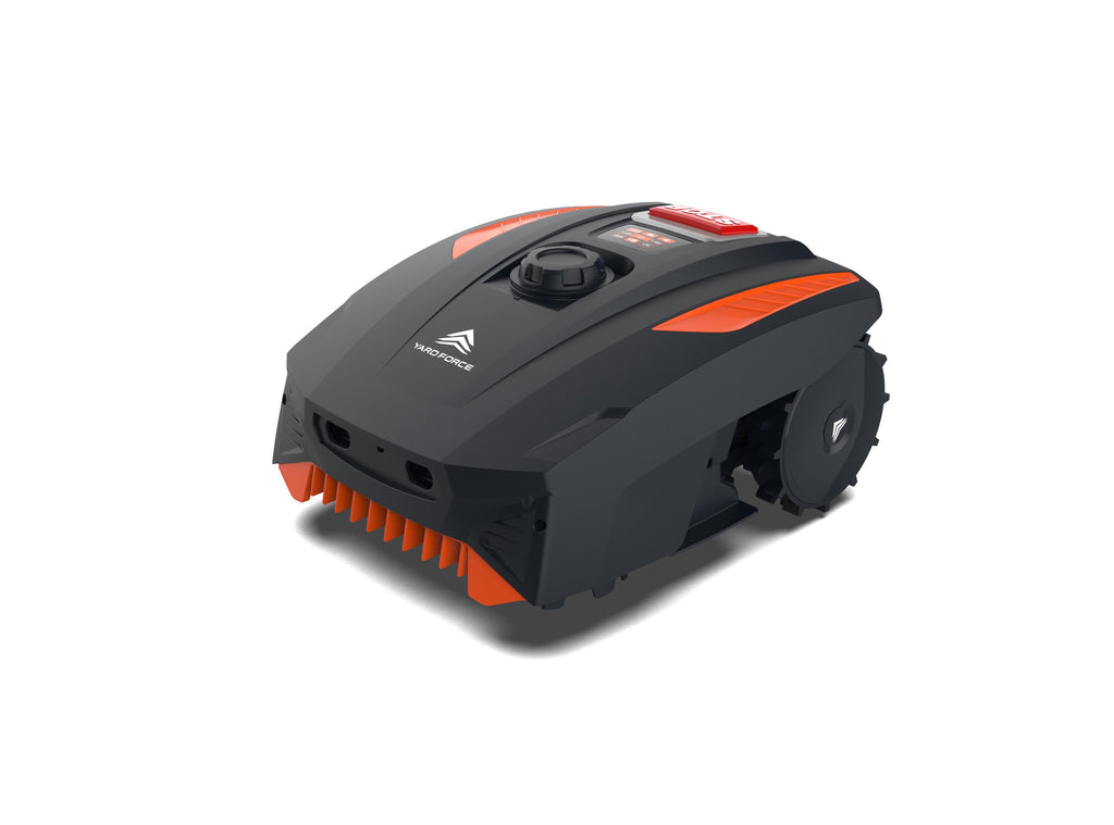 Robot tondeuse Yard Force MB400 : vue avant en perspective.