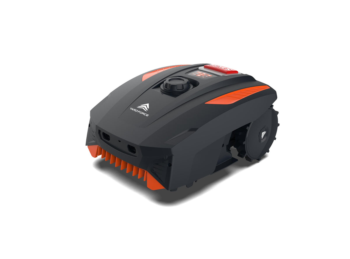 Robot tondeuse Yard Force MB400 : vue avant en perspective.