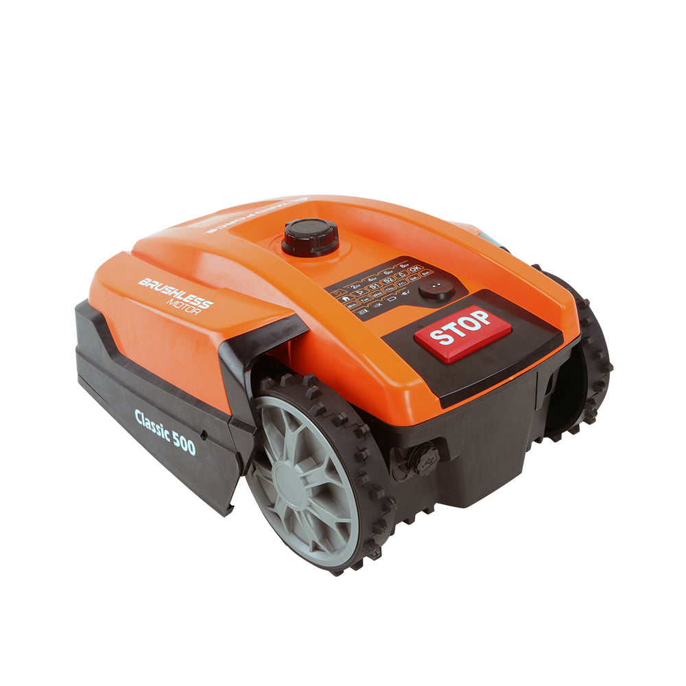 Robot tondeuse Yard Force Classic 500B : vue du dessus et commandes.