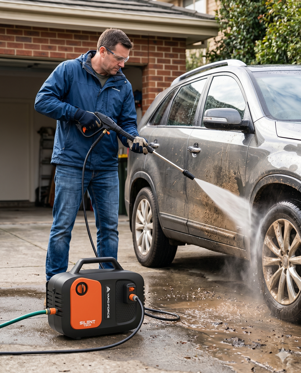 Nettoyeur haute pression Yard Force EW U11ST : scène de lavage d'une voiture.