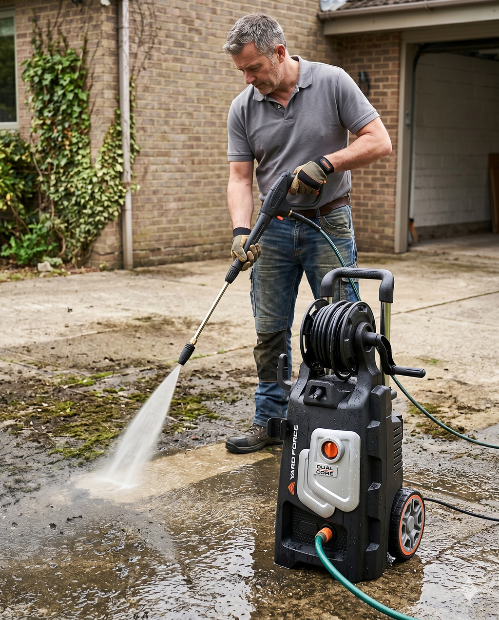 Nettoyeur double pompe Yard Force EW U15DU : scène de nettoyage d'une terrasse.