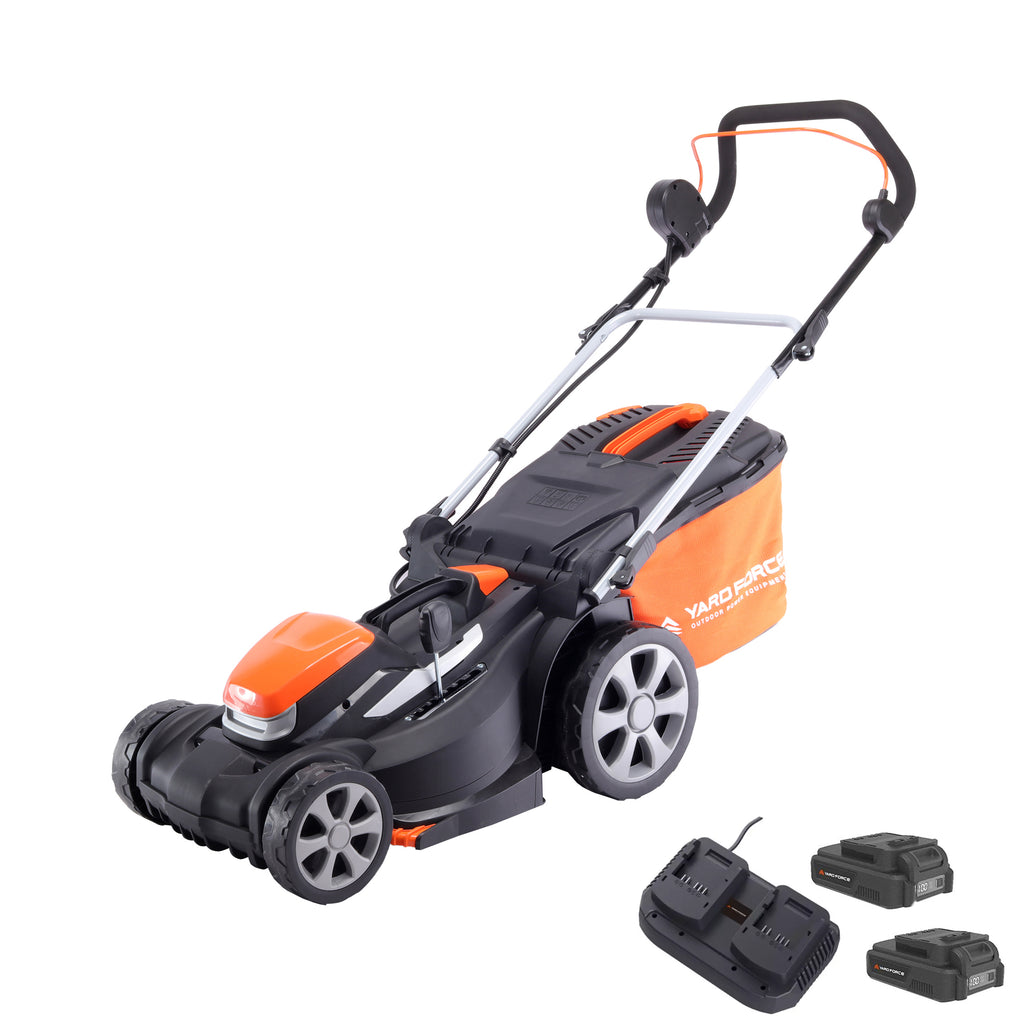 Tondeuse Yard Force LM C40A : tondeuse, batteries et chargeur présentés.
