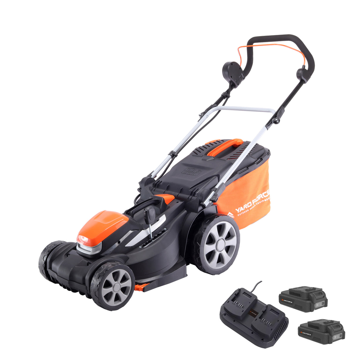 Tondeuse Yard Force LM C40A : tondeuse, batteries et chargeur présentés.