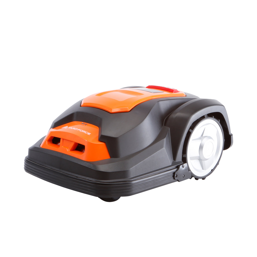 Robot tondeuse Yard Force SA900ECO : vue avant en perspective.